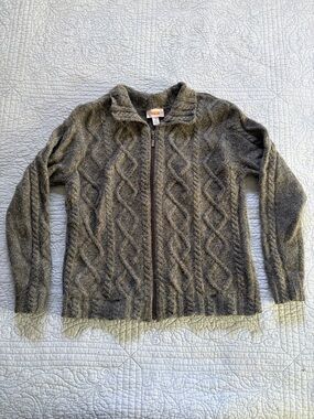 Talbots Heathered Green Cable Zip Cardigan